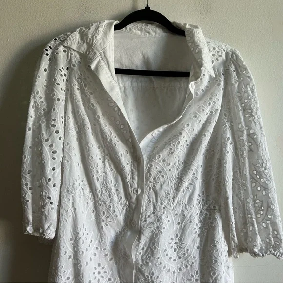 White Œillets Sz M Cottagecore Puff Sleeves Button Front Mini Dress - Picture 3 of 11